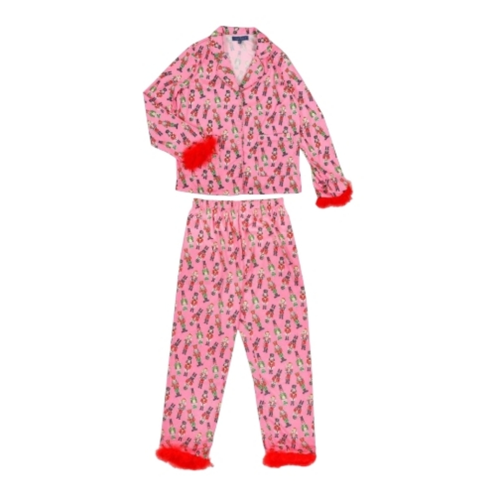 Nwt Simply Southern Pink Feather Trim Nutcracker Holiday Loungewear Pajama Set